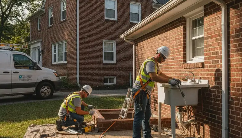 Baltimore, MD plumber repairing a leaking pipe for a residential plumbing service