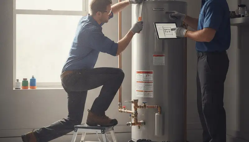 Baltimore, MD plumber repairing a water heater for same-day home service