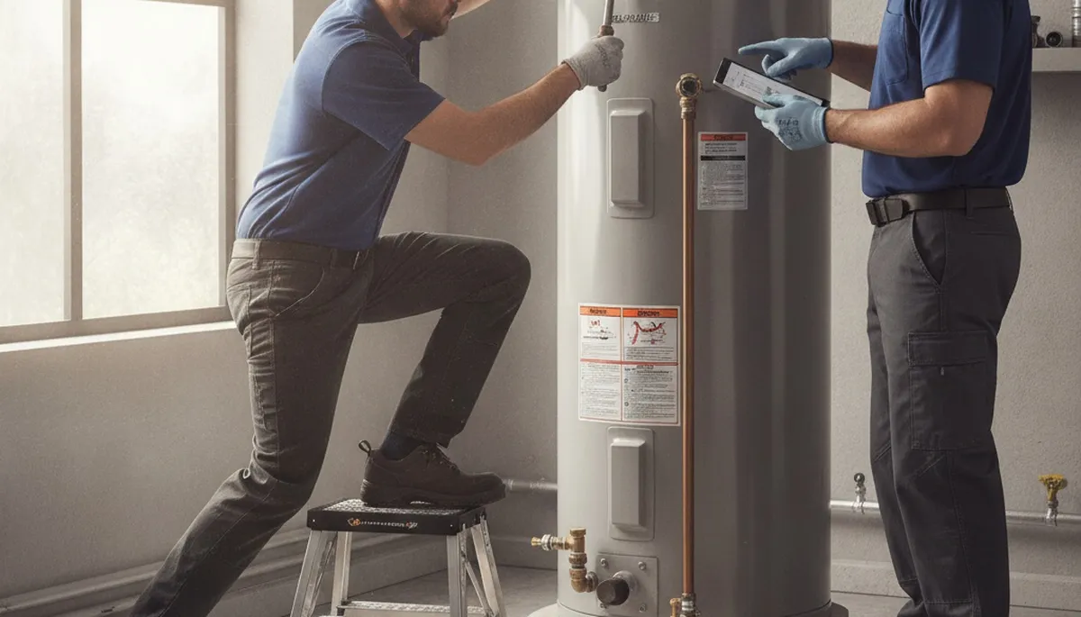 Baltimore, MD plumber repairing a water heater for a home service call