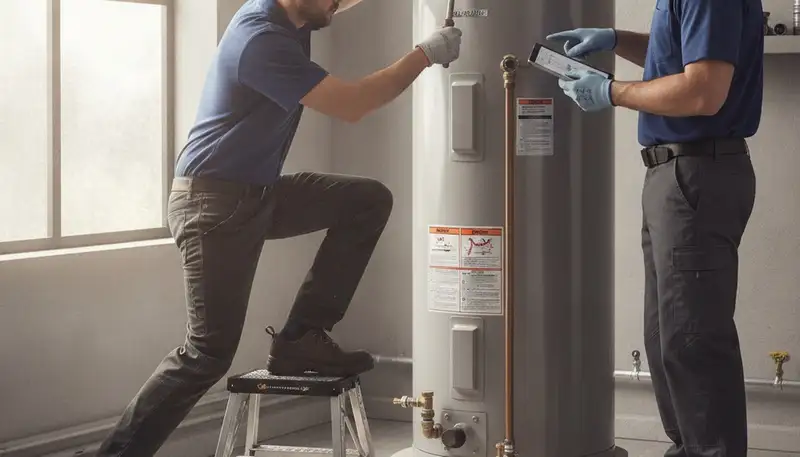 Baltimore, MD plumber repairing a water heater for a home service call